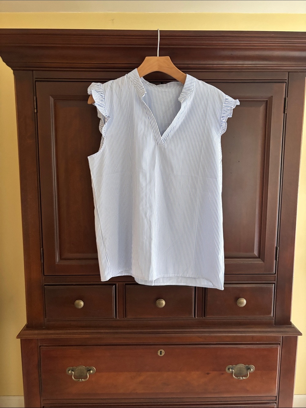 Amazon Light Blue Striped Sleeveless Blouse with Ruffle Cap Sleeves